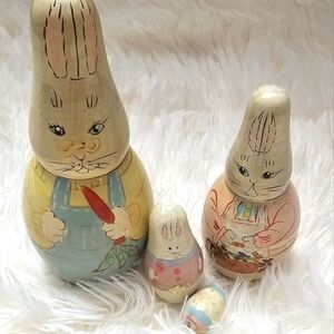 Vintage Bunny Rabbit Nesting Doll Family Set of 4 Wood Hand Painted